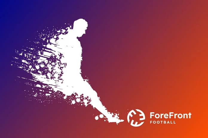 Stylised graphic of a footballer in motion with paint-splatter effect next to the ForeFront Football logo on a purple-orange gradient background.