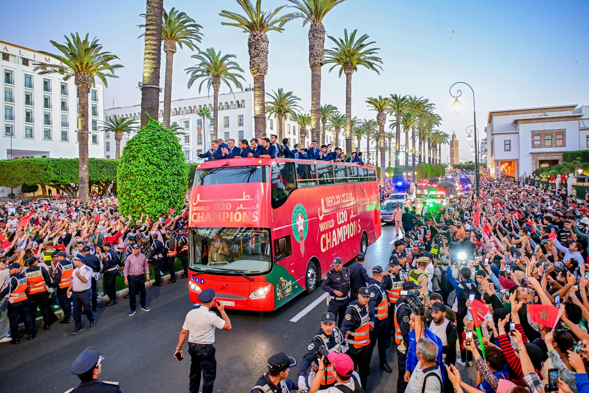 rizkou abdelmjid Morocco U20 national team celebrating their FIFA U20 World Cup victory with fans during the open-top bus parade in Rabat.